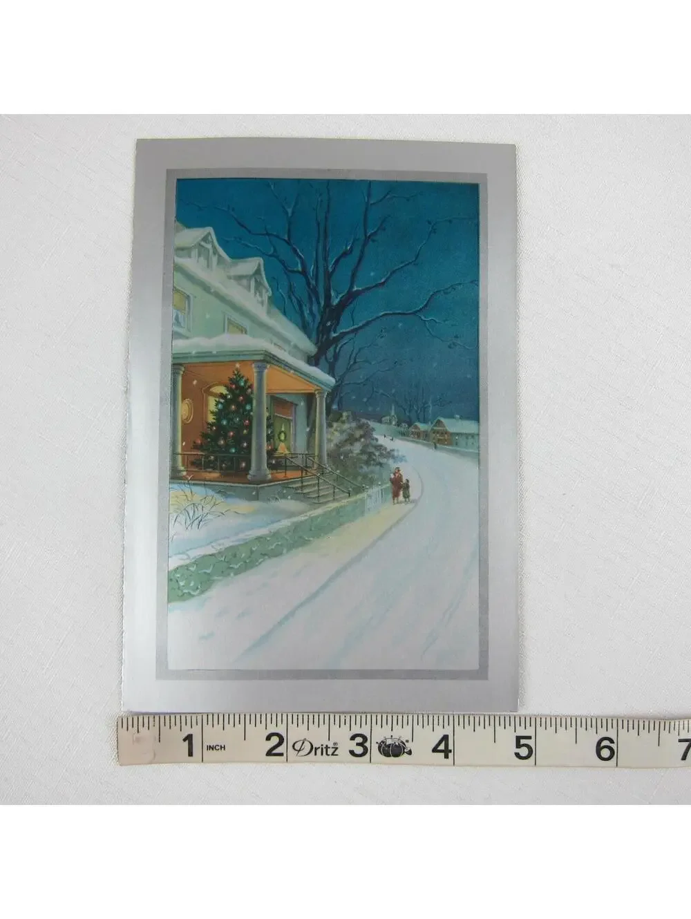 Vintage Christmas Cards Lot 3 Snowy Night Manger House Silver Border USA Litho